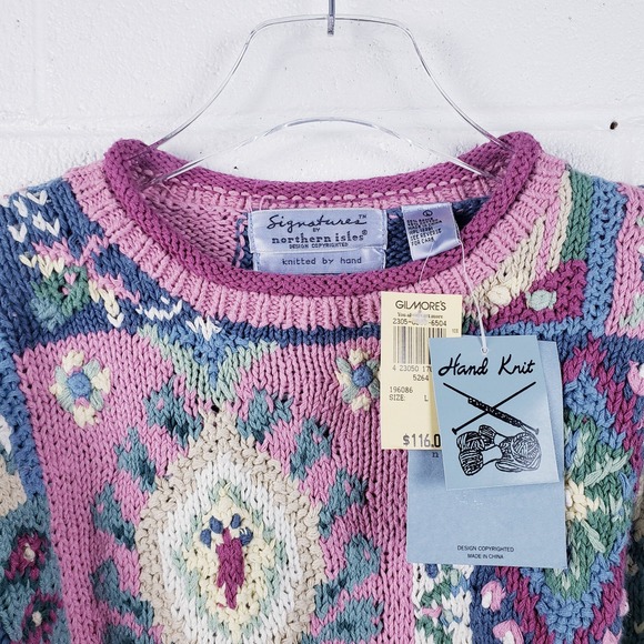 Signatures by Northern Isles Sweater Pink Blue Patchwork Floral Hand Knit Large - Picture 3 of 7